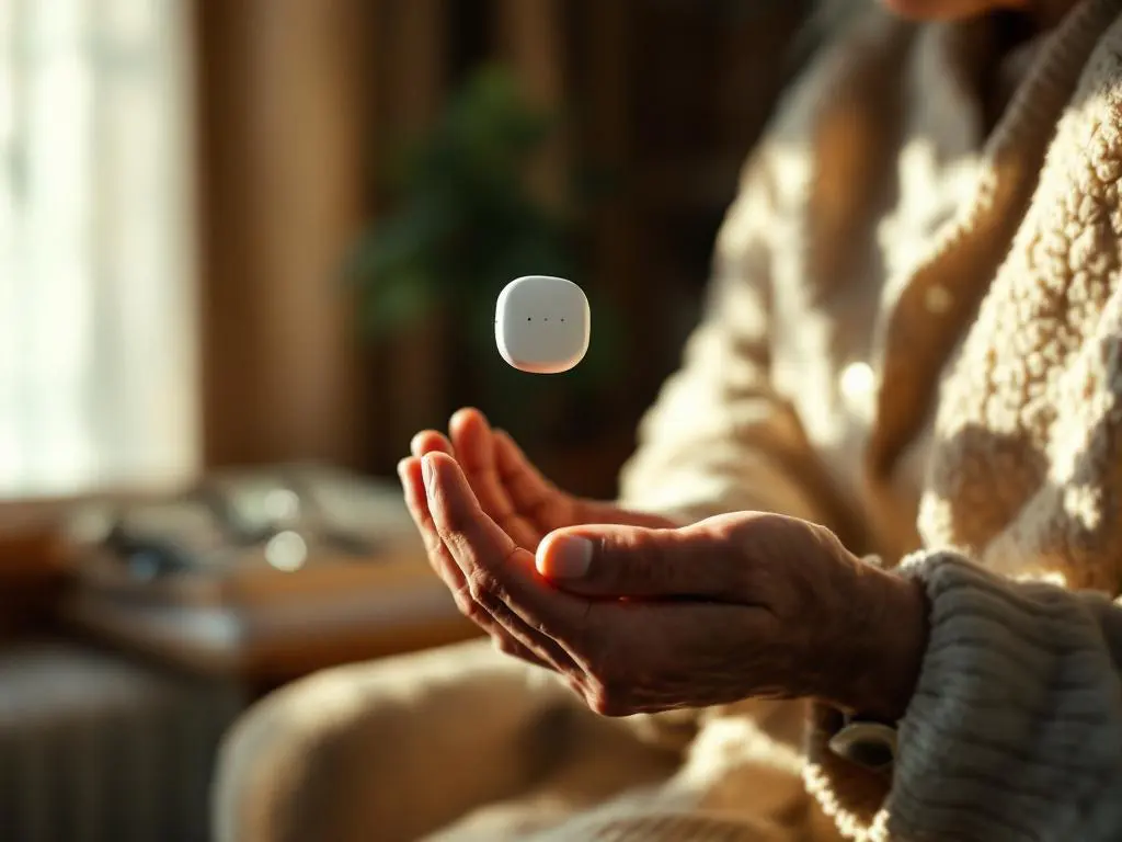 Oudere vrouw houdt witte medische alarmknop in haar hand, zittend thuis bij raam in warme middagzon