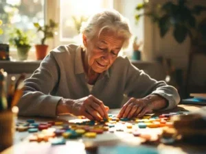 Oudere persoon legt gekleurde houten puzzelstukjes op zonnige tafel, concentratie en tevredenheid zichtbaar op gezicht