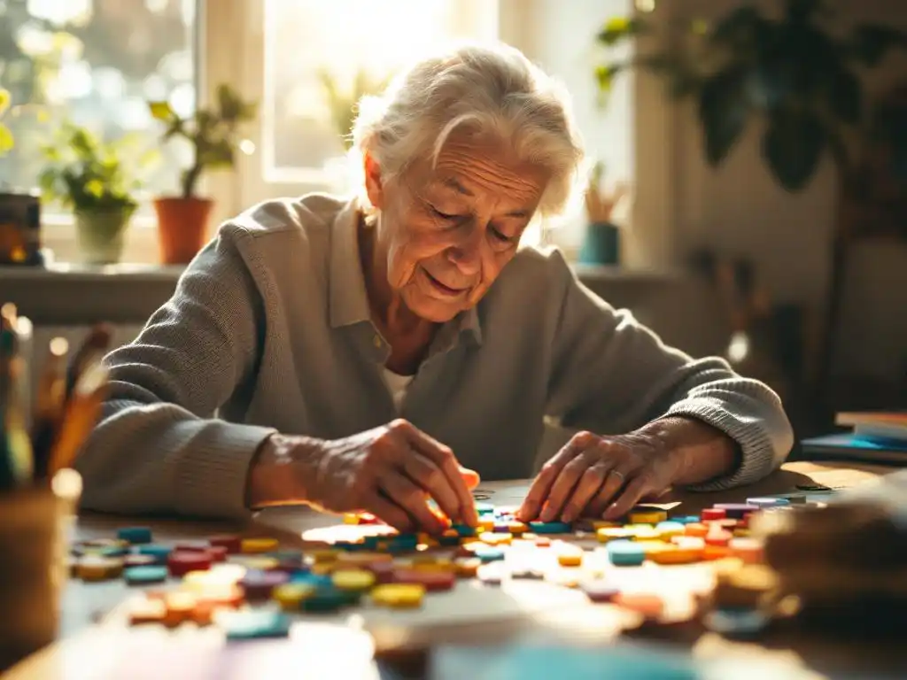 Oudere persoon legt gekleurde houten puzzelstukjes op zonnige tafel, concentratie en tevredenheid zichtbaar op gezicht