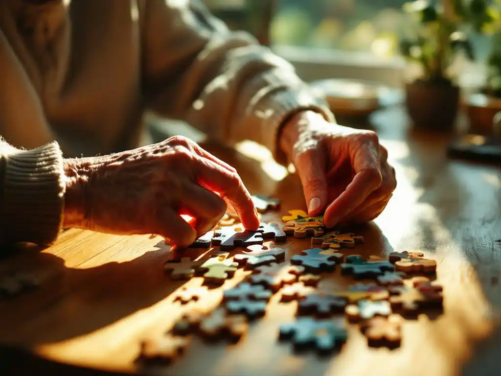 Oudere persoon legt kleurrijke houten puzzelstukjes op houten tafel in warm zonlicht, landschapspuzzel gedeeltelijk voltooid