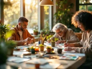 Diverse groep volwassenen schildert, puzzelt en verzorgt planten aan tafel in gemeenschapscentrum met warme natuurlijke verlichting