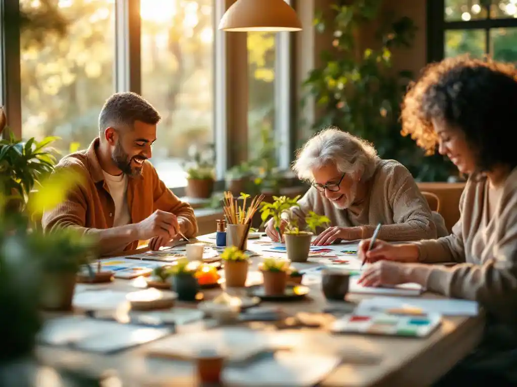 Diverse groep volwassenen schildert, puzzelt en verzorgt planten aan tafel in gemeenschapscentrum met warme natuurlijke verlichting