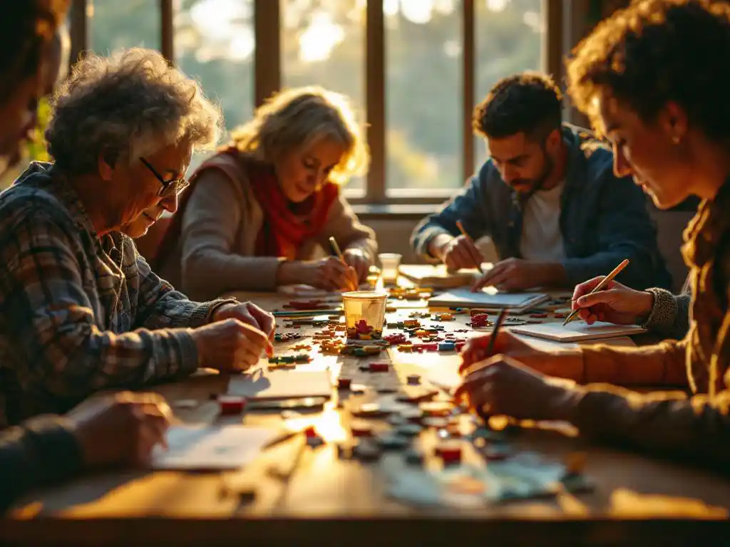 Diverse groep volwassenen werkt samen met kunstmaterialen en puzzels aan heldere tafel in gemeenschapscentrum