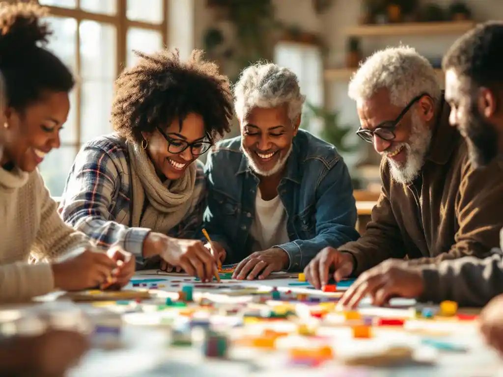 Diverse groep volwassenen werkt samen aan kunstprojecten en puzzels aan tafel in gemeenschapscentrum met natuurlijk licht