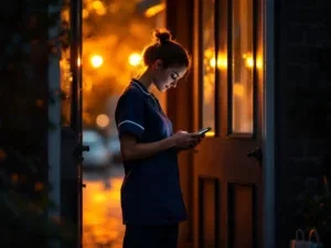 Wijkverpleegkundige in marineblauw uniform controleert smartphone bij voordeur Nederlands huis tijdens avonddienst