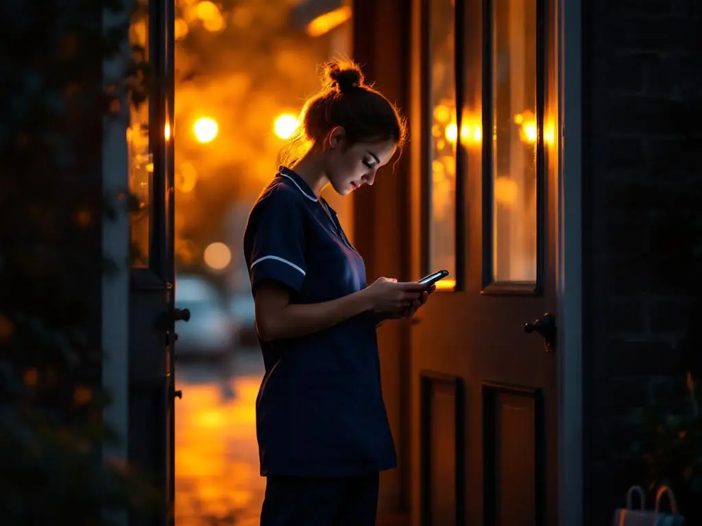 Wijkverpleegkundige in marineblauw uniform controleert smartphone bij voordeur Nederlands huis tijdens avonddienst