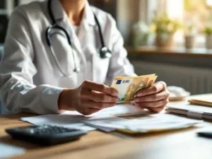 Zorgverlener in wit uniform telt eurobiljetten aan bureau met stethoscoop, documenten en calculator