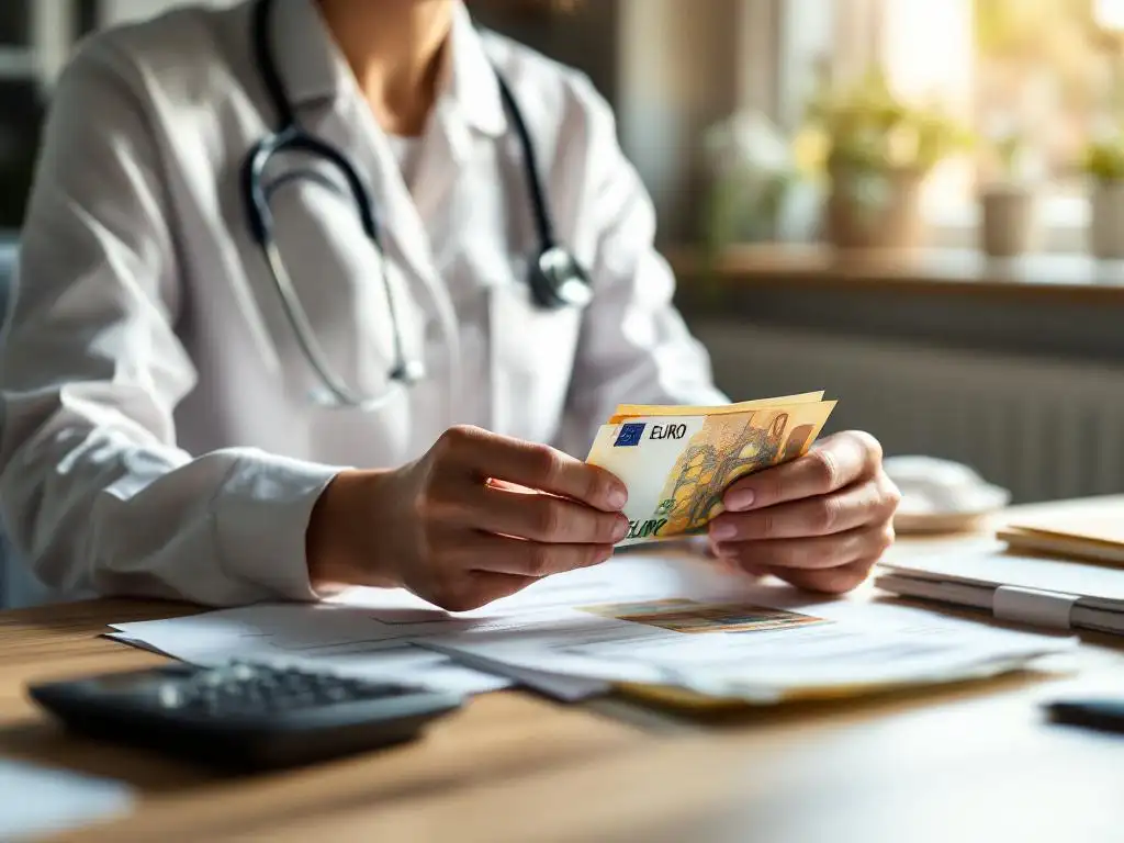 Zorgverlener in wit uniform telt eurobiljetten aan bureau met stethoscoop, documenten en calculator