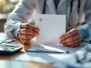 Zorgverlener houdt verzekeringsdocument met medisch kruis vast aan bureau met rekenmachine en leesbril