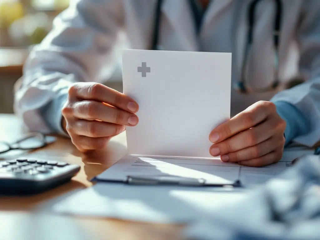 Zorgverlener houdt verzekeringsdocument met medisch kruis vast aan bureau met rekenmachine en leesbril