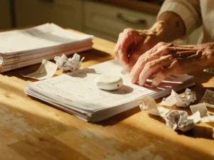 Oudere handen organiseren belastingdocumenten met wit persoonlijk alarmapparaat op houten keukentafel in warm zonlicht