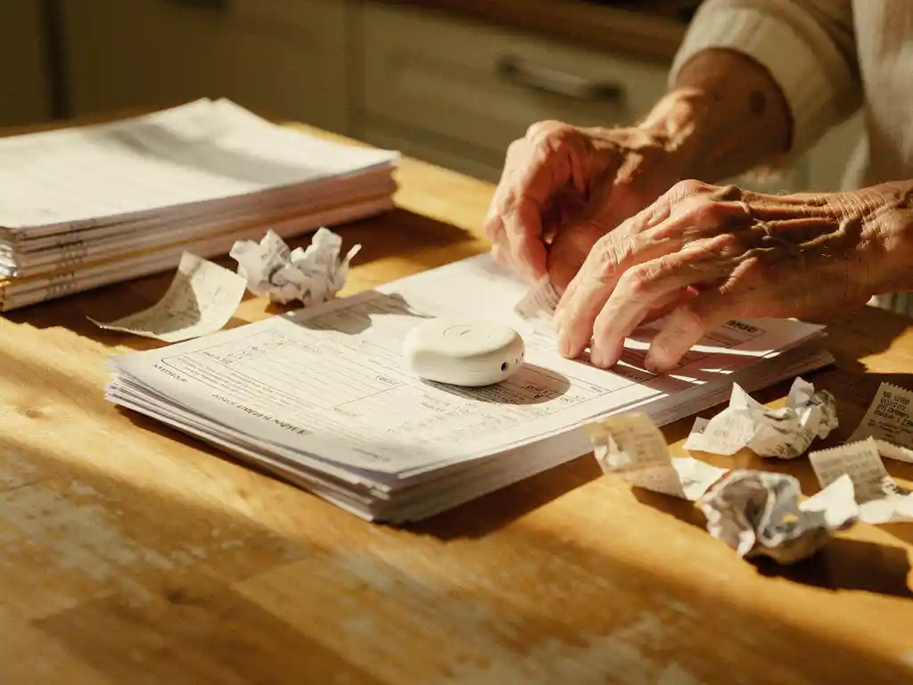 Oudere handen organiseren belastingdocumenten met wit persoonlijk alarmapparaat op houten keukentafel in warm zonlicht