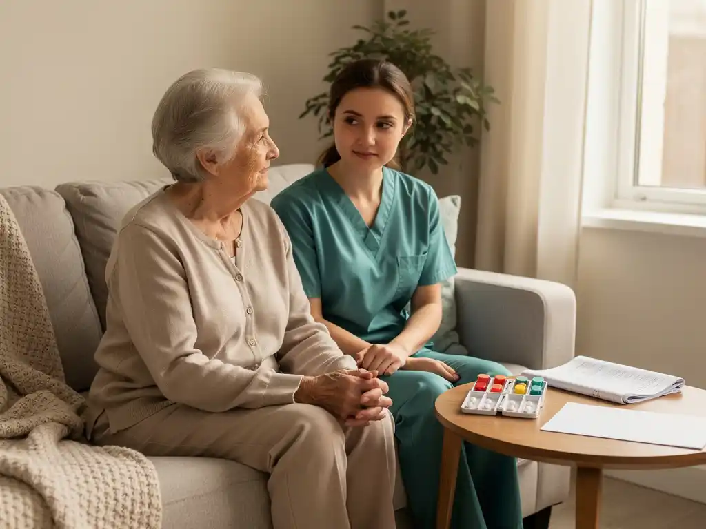 Professionele zorgverlener naast oudere persoon thuis, met medicijnendoos en zorgplan op bijzettafel in warme, rustige kamer.