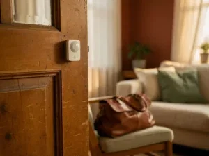 Slimme thuissensor bij een houten deurpost in een Nederlandse woonkamer, met een zorgtas op een stoel en zacht middaglicht.