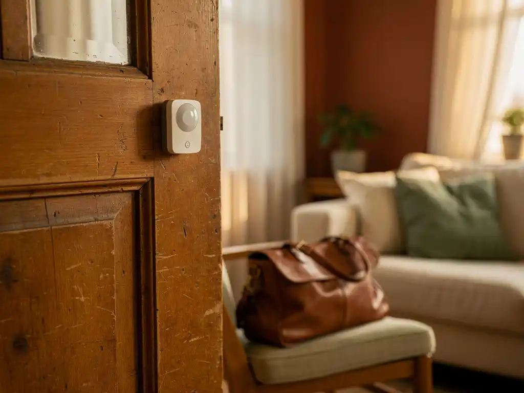 Slimme thuissensor bij een houten deurpost in een Nederlandse woonkamer, met een zorgtas op een stoel en zacht middaglicht.
