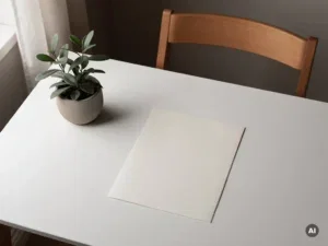 Omgekeerde formele afwijzingsbrief op witte tafel naast kleine kamerplant en houten stoel, zachte natuurlijke belichting.
