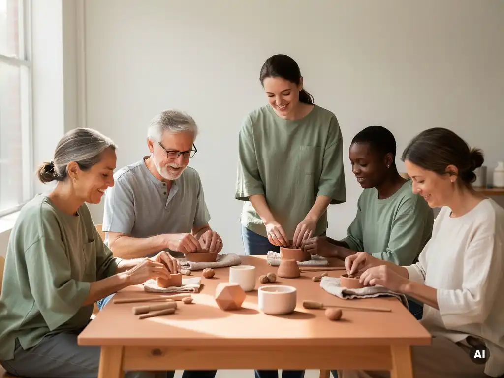 Diverse groep volwassenen werkt samen aan een knutselactiviteit met klei aan een zonnige tafel in een minimalistische ruimte.