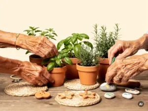 Diverse oudere handen verzorgen kruiden en handgemaakte crafts op een gedeelde moestuintafel in warme terracotta- en saliegroen tinten.