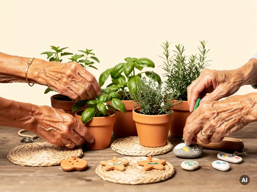 Diverse oudere handen verzorgen kruiden en handgemaakte crafts op een gedeelde moestuintafel in warme terracotta- en saliegroen tinten.