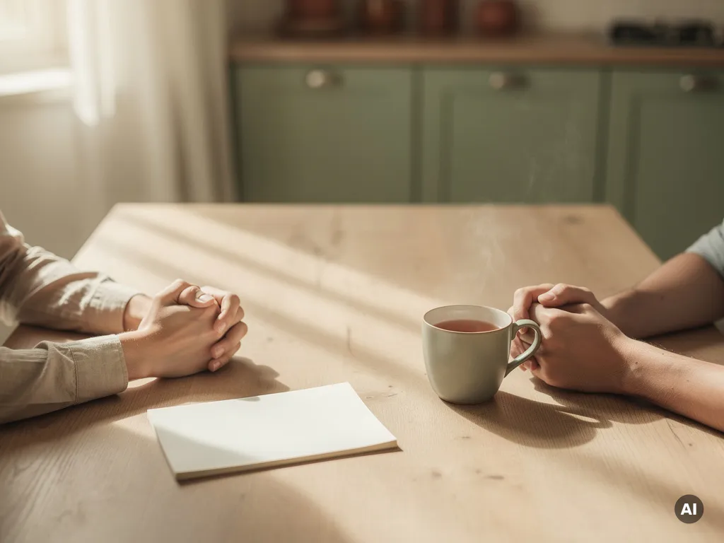 Twee paar handen aan een keukentafel met notitieblok en thee, warm natuurlijk licht, rustige sfeer.
