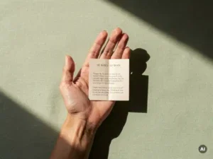 Open hand met een klein gevouwen document op linnen ondergrond, zacht natuurlijk licht, salie groen en ivoor tinten.