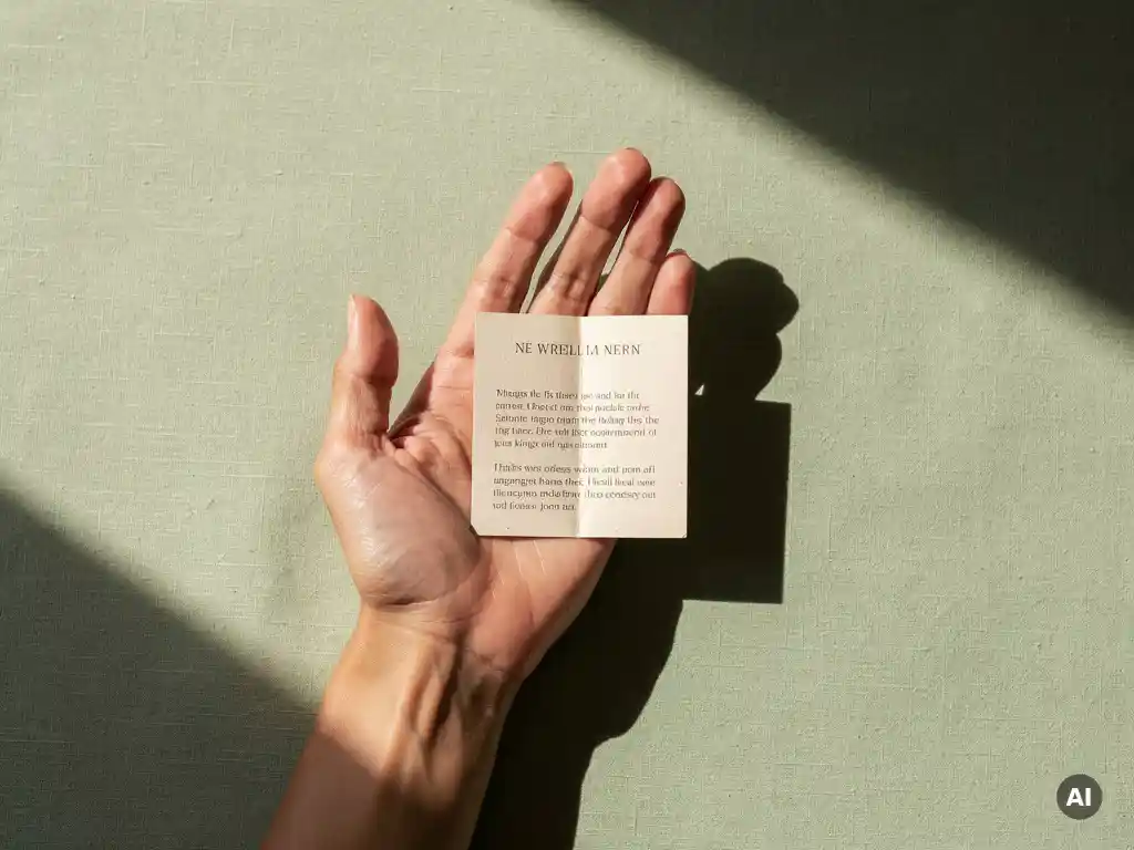 Open hand met een klein gevouwen document op linnen ondergrond, zacht natuurlijk licht, salie groen en ivoor tinten.