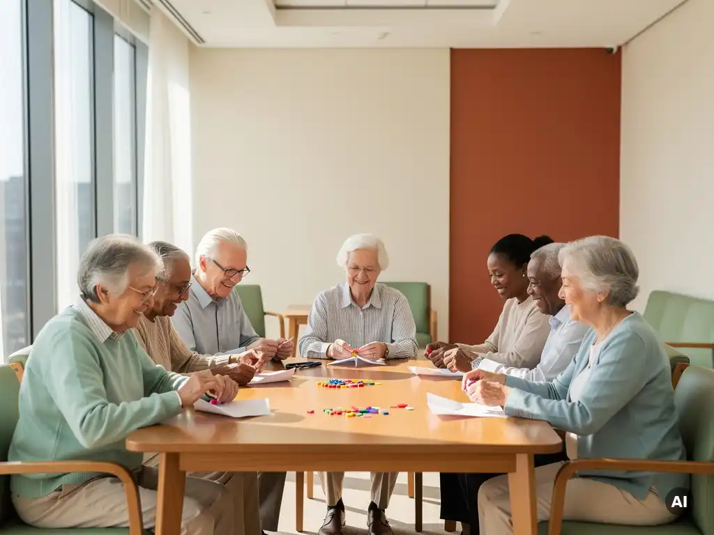 Diverse groep senioren die samen een knutselactiviteit doen aan tafel in lichte gemeenschapsruimte met warm middaglicht.