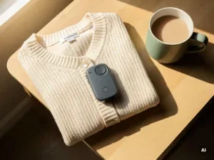 Compact persoonlijk alarmeringsapparaat op gevouwen crème vest naast keramische mok op houten tafeltje, gefotografeerd van bovenaf in zacht ochtendlicht.