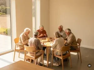 Ouderen rond een ronde tafel in een lichte gemeenschapsruimte, samen bezig met een knutselactiviteit in warme middagzon.