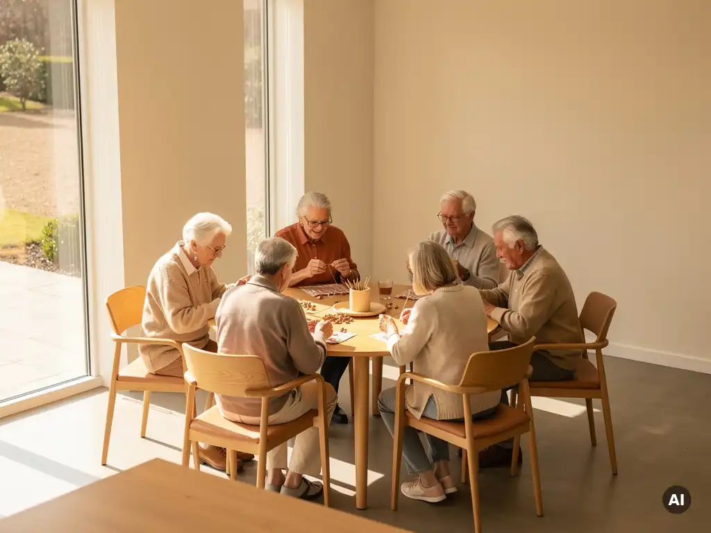 Ouderen rond een ronde tafel in een lichte gemeenschapsruimte, samen bezig met een knutselactiviteit in warme middagzon.