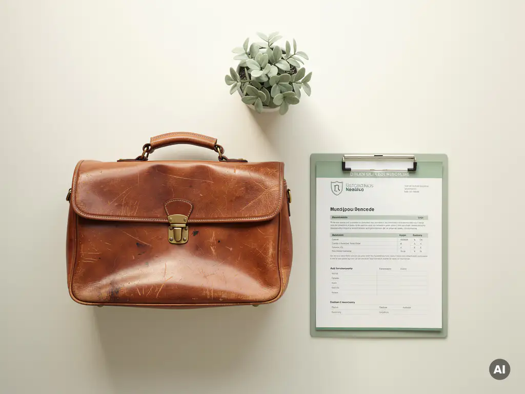 Leren tas van een wijkverpleegkundige en gemeentelijke zorgmap op een witte tafel, met een potplant in terracotta en saliegroen.