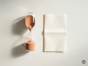 Zandloper met vallende zandkorrels naast gevouwen zorgdocument op wit oppervlak, zachte ochtendlicht, minimalistische bovenaanzicht.