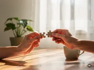 Handen die twee in elkaar passende puzzelstukjes vasthouden boven een keukentafel, zachte middaglichtsfeer, huisplant en keramische mok op de achtergrond.