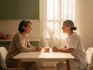 Zorgprofessional en cliënt aan keukentafel met dampende thee, warm natuurlijk licht, rustige en waardige sfeer.