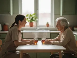 Zorgprofessional en oudere persoon in gesprek aan keukentafel met twee koppen thee, warm daglicht en plant op vensterbank.