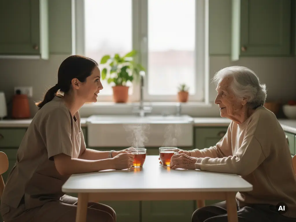 Zorgprofessional en oudere persoon in gesprek aan keukentafel met twee koppen thee, warm daglicht en plant op vensterbank.