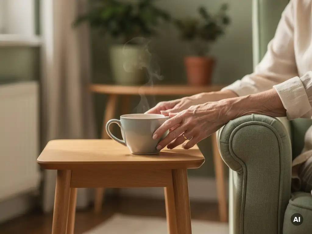 Zorgprofessional zet een dampende kop thee neer naast de fauteuil van een oudere persoon in een warme, gezellige huiskamer.