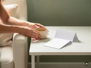 Verzorger plaatst warme kop thee naast een fauteuil, met gevouwen documenten op een wit oppervlak in zacht natuurlijk licht.
