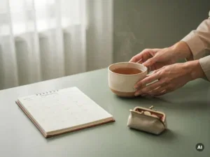 Verzorgende handen plaatsen een warme kop thee naast een weekplanner en een kleine portemonnee op een keukentafel.